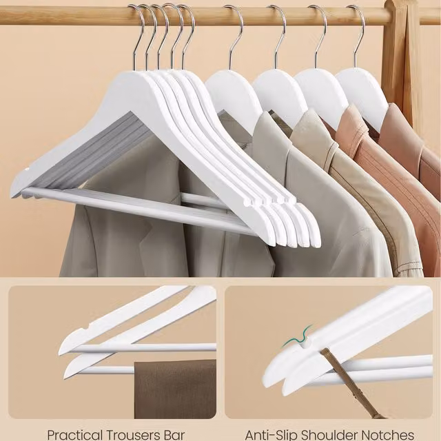 SONGMICS White Wooden Hangers with Swivel Hooks and Shoulder Notches