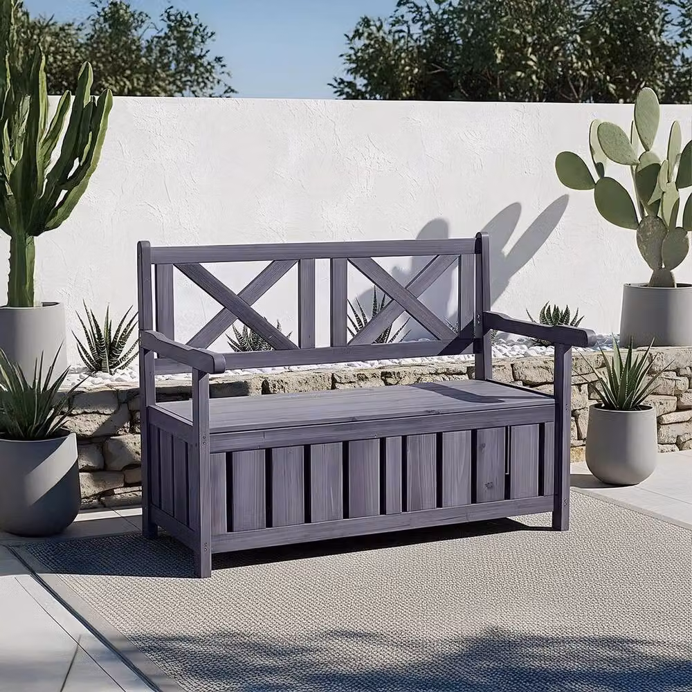 KORVIXA Grey Wooden Garden Bench with Cushion Storage, Made from Treated Spruce Wood, W/D/H: 150 x 109 x 100 cm – 3