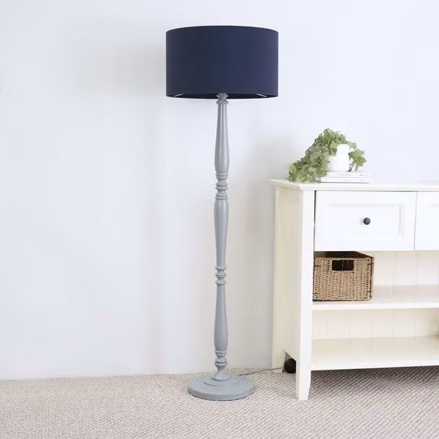 ValueLights Victoria Classic Wood Floor Lamp with Navy Blue Fabric Drum Shade