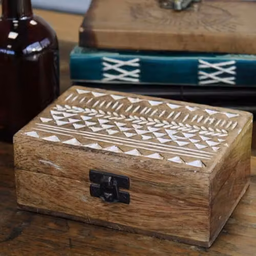 Adorable Lifestyle Aztec Design Trinket Box in White Washed Brown Wood, W: 15.0 cm, D: 10.0 cm, H: 6.0 cm – 3