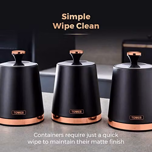 Tower Cavaletto Set of 3 Airtight Stainless Steel Storage Canisters for Coffee, Tea and Sugar in Black and Gold – 5