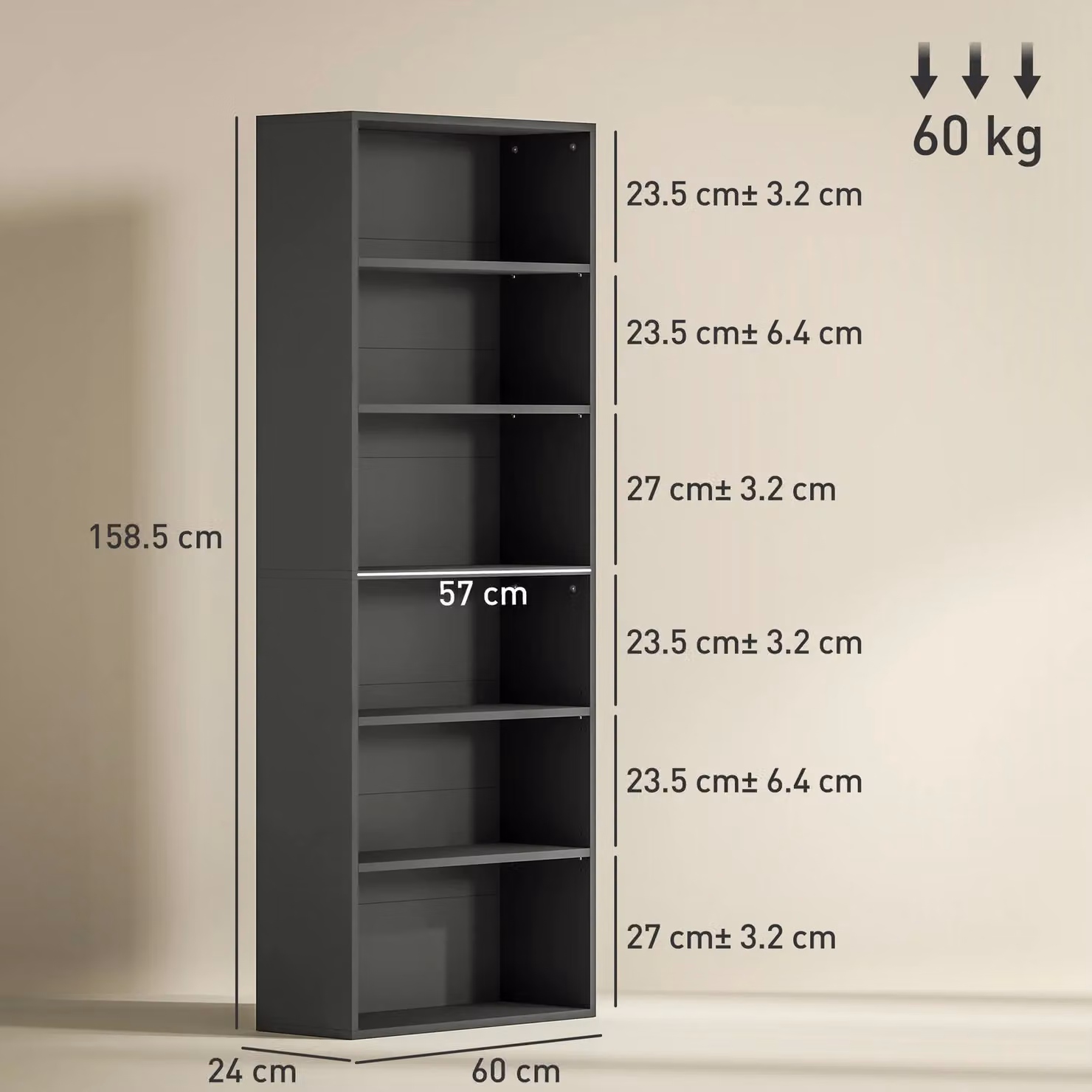 HOMCOM 6 Tier Freestanding Bookshelf with Adjustable Shelves in Black – 3