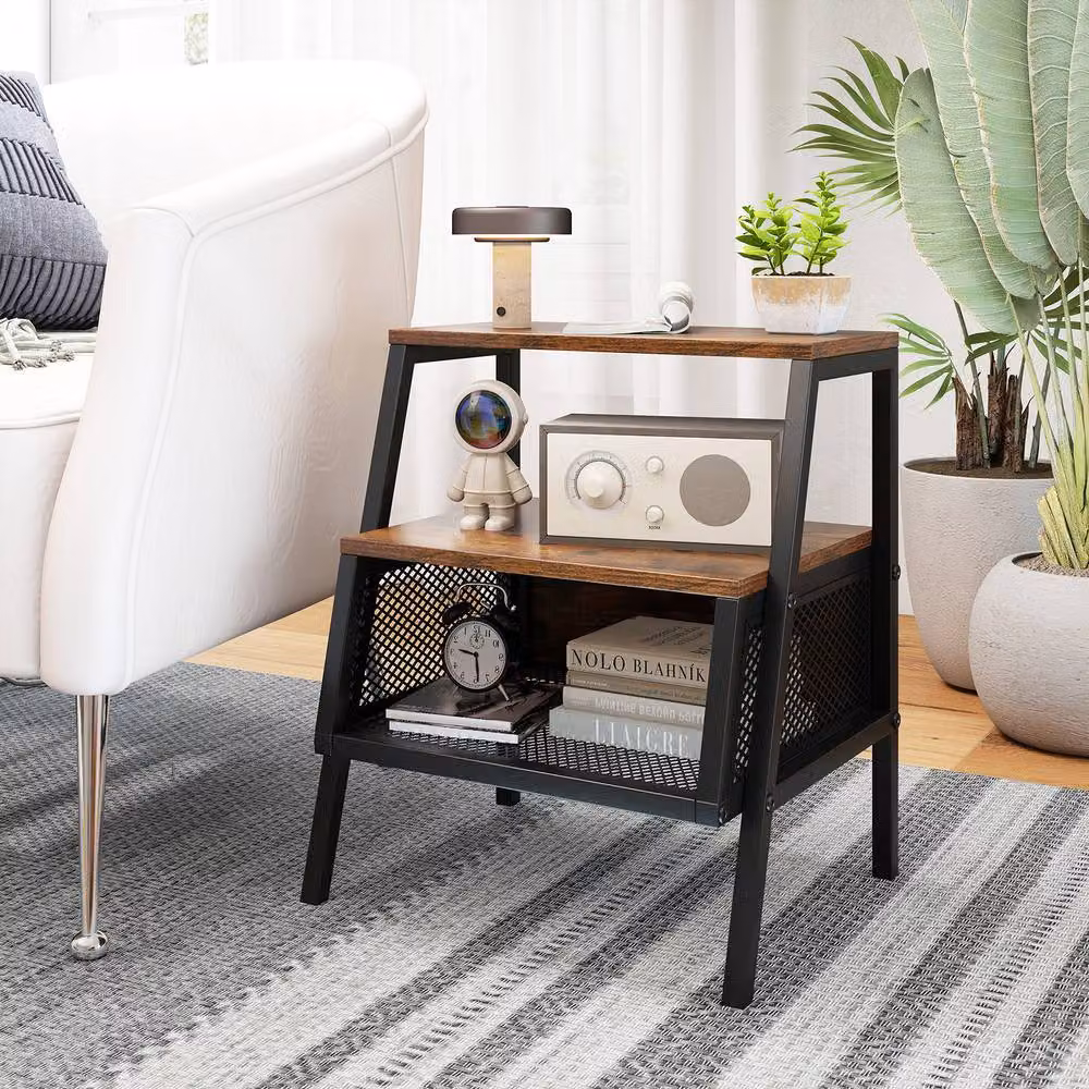 Costway Industrial 3-Tier Nightstand with 2 Open Shelves in Brown – 5