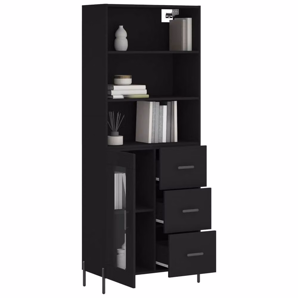Berkfield Home Modern Black Highboard with Glass Doors and Internal Shelves, W/D/H: 69.5 x 34 x 180 cm – 3