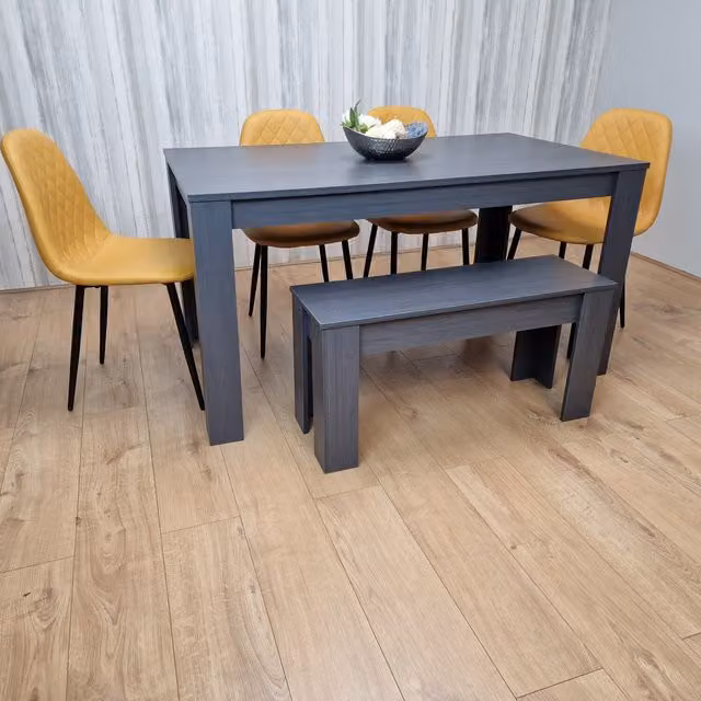 Kosy Koala Modern 6-Seater Dining Set with Rectangular Grey Table, 4 Yellow Faux Leather Chairs and 1 Bench