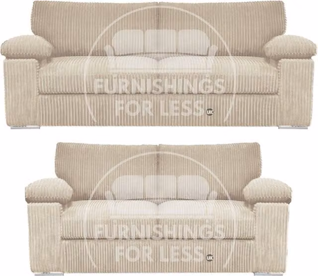 Furnishings For Less UK Delta Jumbo Cord Fabric Sofa Suite with Padded Arms, 3 and 2 Seater, Cream