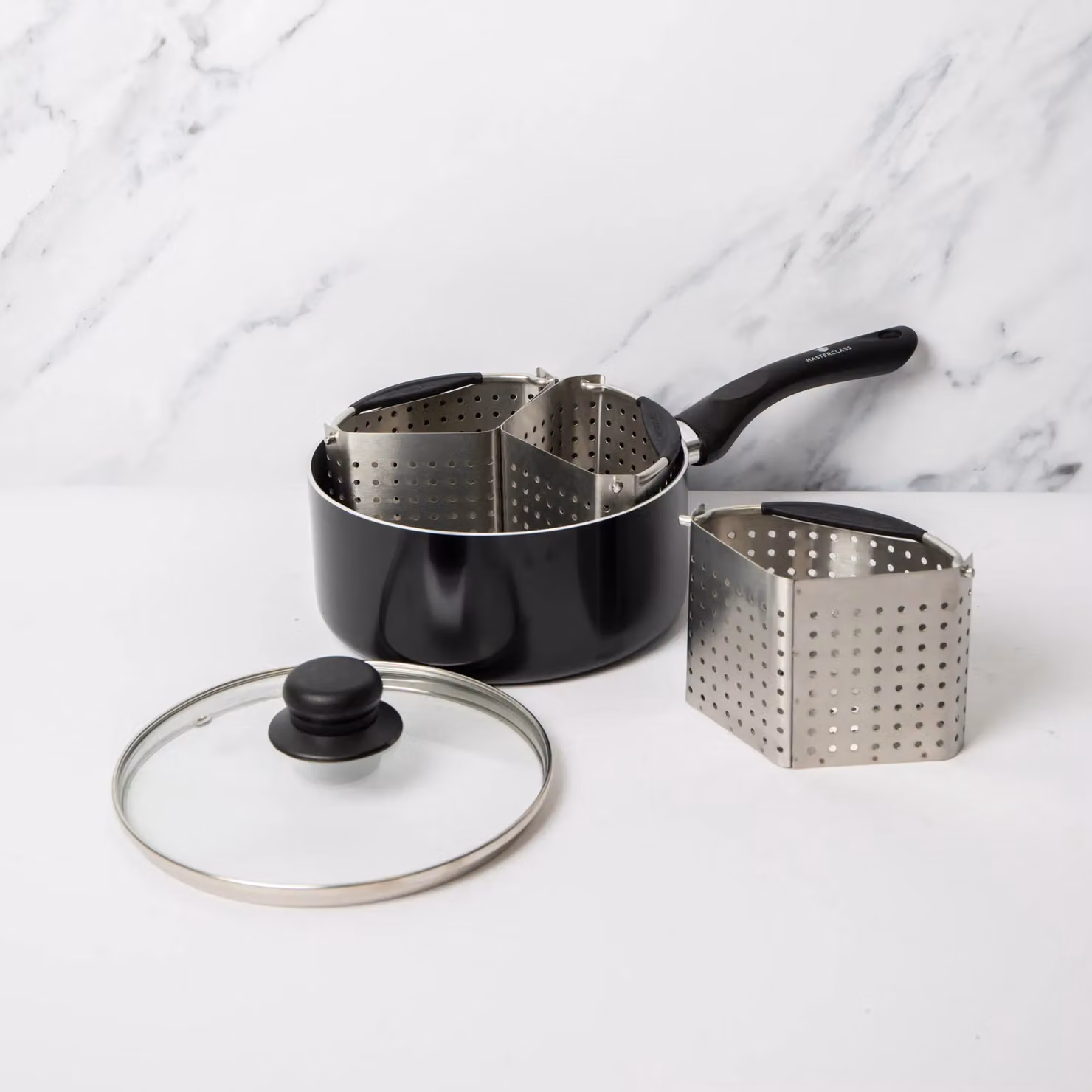 MasterClass 4-Piece Grey Ceramic and Stainless Steel Cooking Set Including Non-Stick Saucepan with Lid and 3x Saucepan Divider Baskets – 2