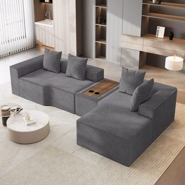 Dprodo Grey Corduroy Right L-Shaped Modular Sofa with Cup Holder Table and Scatter Cushions, 320 cm