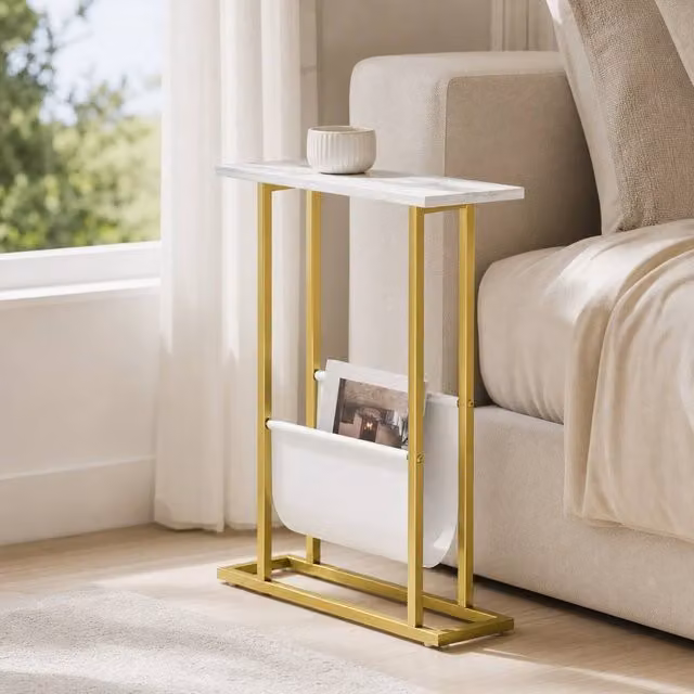 STILVORA Narrow Side Table with Fabric Shelf in White and Gold – 1