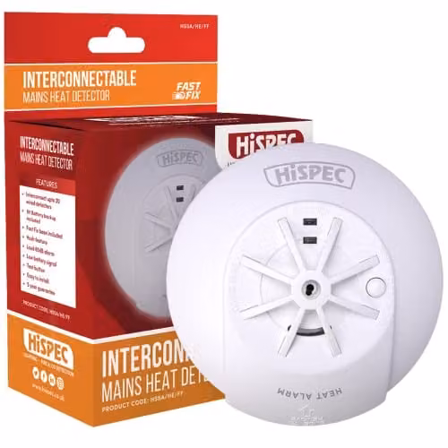 Hi-Spec Interconnectable Fast Fix Mains Heat Detector in White with 9V Backup Battery – 1