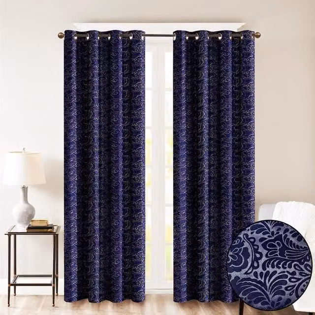Roseley Blue Floral Opaque Eyelet Fabric Curtains