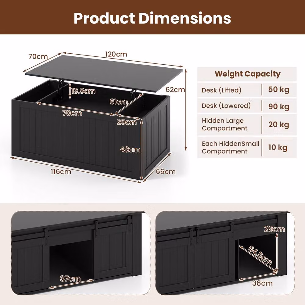 Costway Black Farmhouse Lift Top Coffee Table with Storage Doors – 2