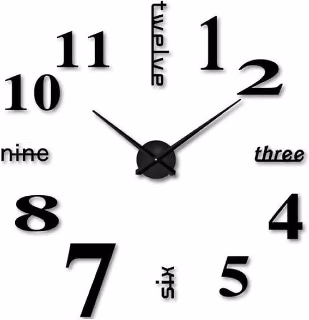 BARGAINS-GALORE Large Modern 3D Stick On Wall Clock in Black with Silent Ticking Quartz Movement