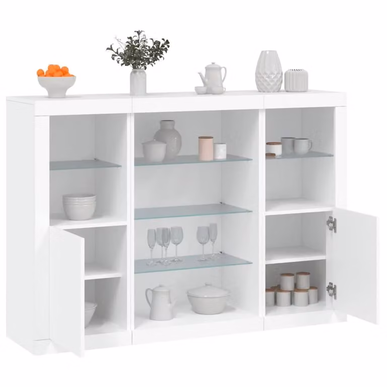 Berkfield Home Set of 3 Modern White Matt MDF and Glass Sideboards with Integrated LED Lighting