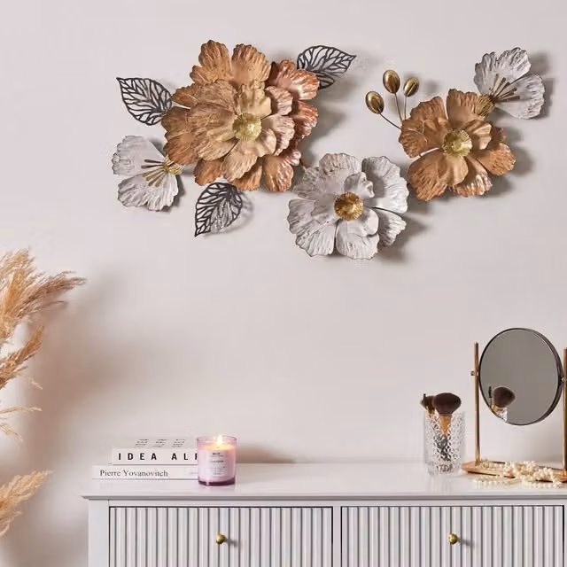 Wyld and Coco Handmade 3D Metal Floral Wall Decor in Multicolour, White and Gold