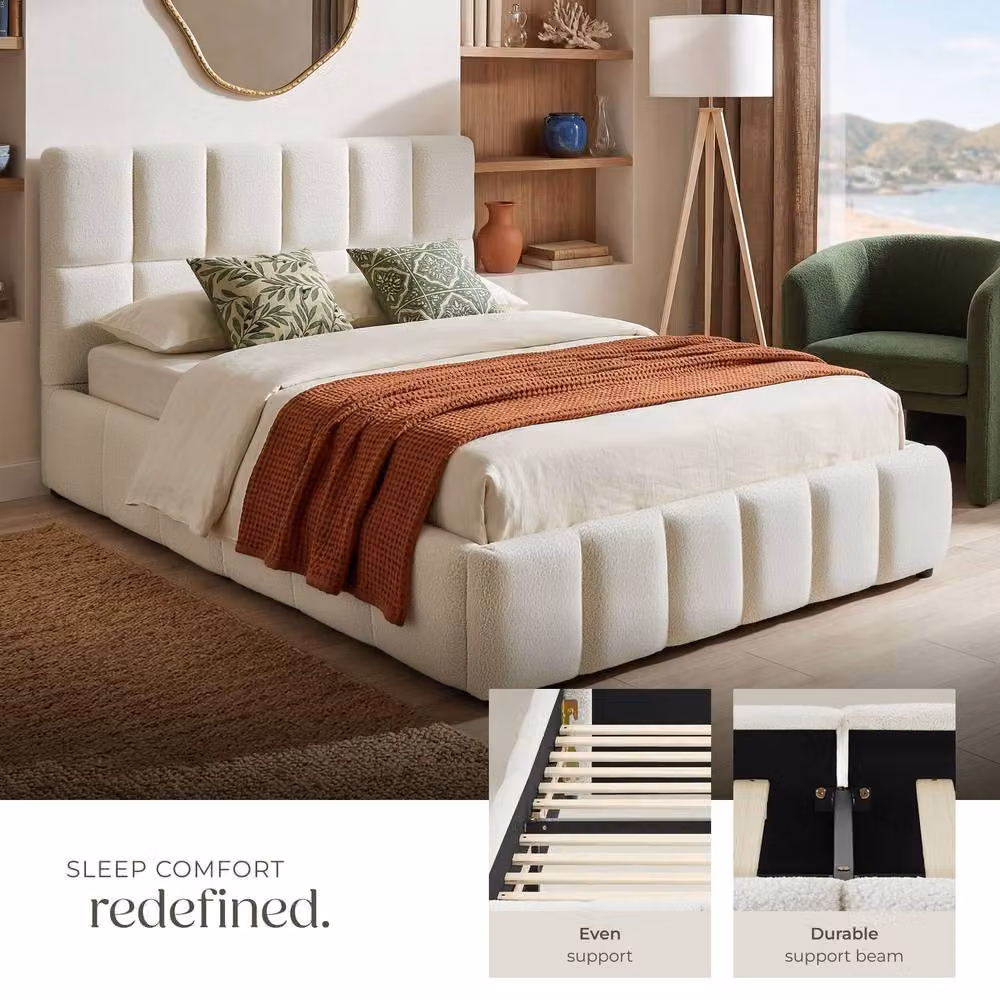 tectake Shirley Upholstered Bed with Slatted Frame and Lift-Up Base, Cream, W/D/H: 120 x 200 cm – 3