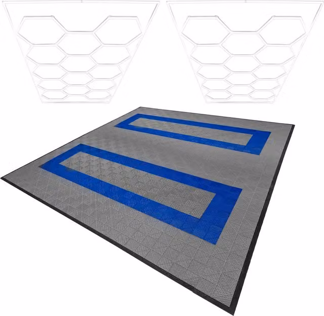 Monstershop Hexagon LED Lights x 2 and Vented Garage Floor Tiles with Edges in Grey and Blue – 1