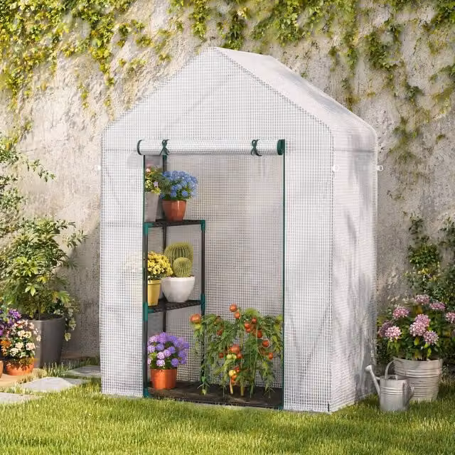 STILVORA Walk-In Greenhouse with 2-Tier Shelving in White, H 195 x W 143 x D 73 cm