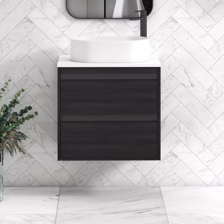 Royal Bathrooms Orion 600mm Wall Hung Vanity Unit with Peak Basin and 2 Drawers in White and Black