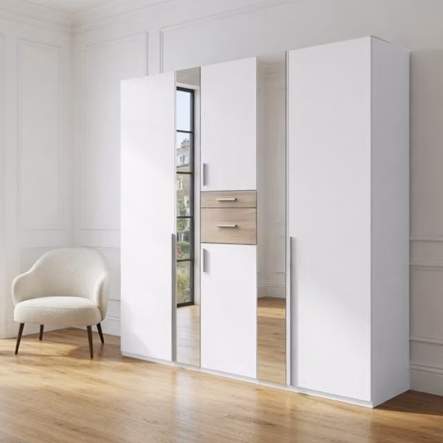 Odessa Matt White and Oak 5 Door Wardrobe with Mirror, W: 225 cm