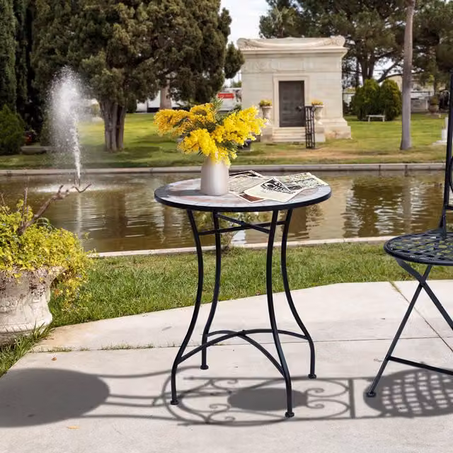 Outsunny Mosaic Round Ceramic Bistro Bar Table in Black, Orange and White