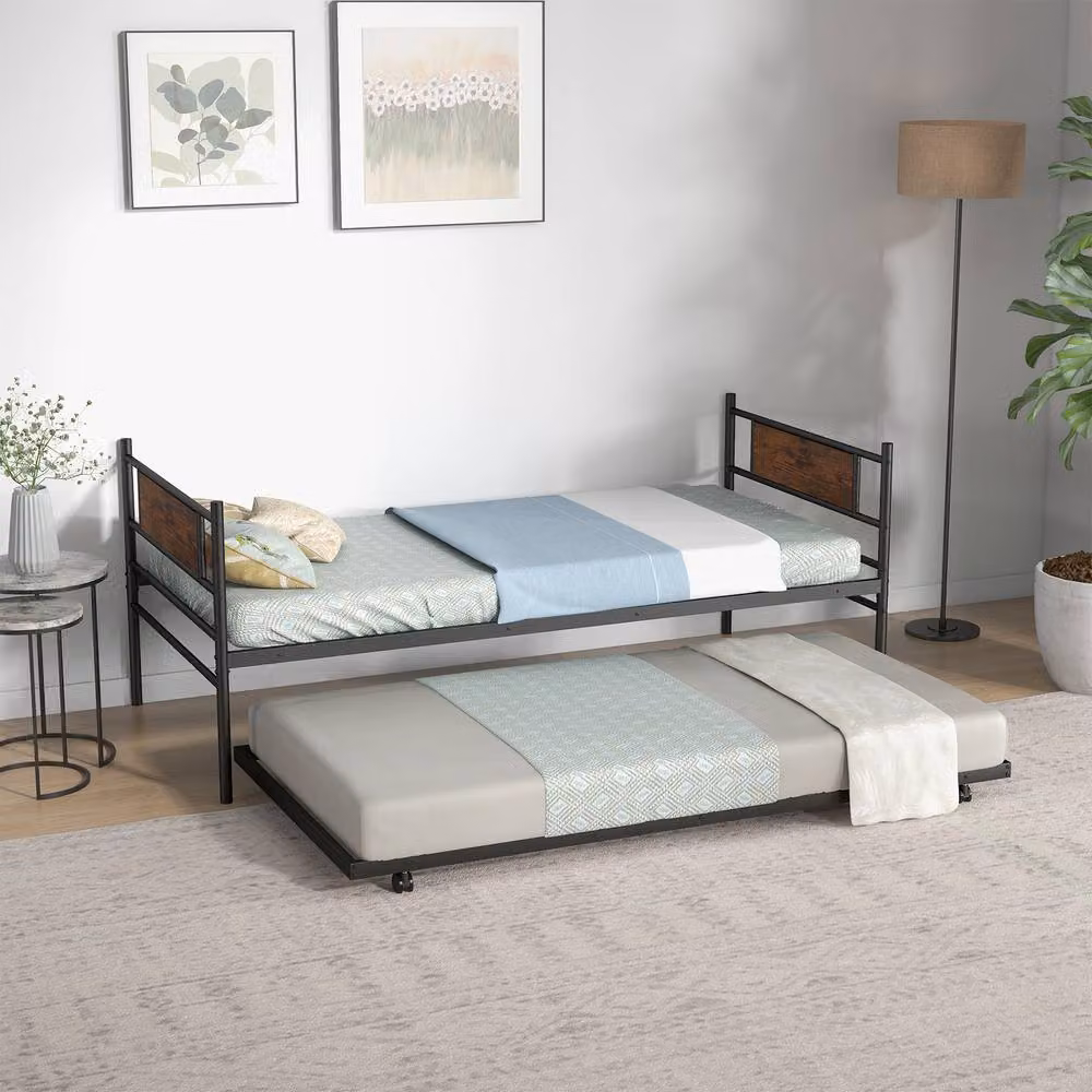 Costway Single Metal Daybed Sofa Bed with Pull-out Trundle in Brown – 3
