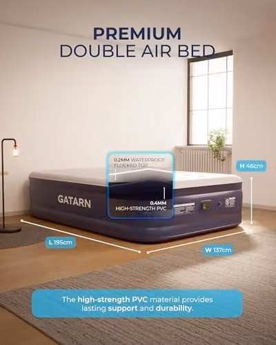 Gatarn Double Inflatable Air Bed with Built-in Electric Pump, Blue, W/D/H: 140 x 200 x 46 cm