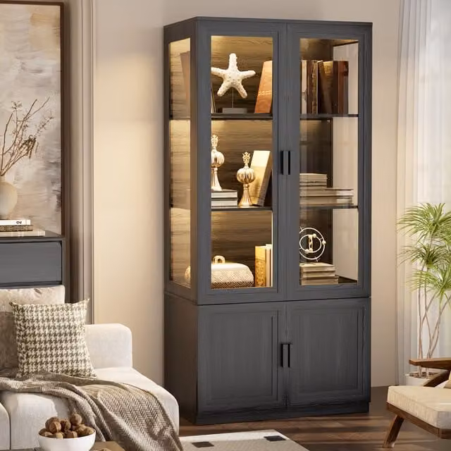 Brottar Black MDF Glass Display Cabinet and Bookcase with Integrated 3-Colour Lighting