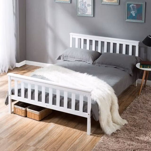 Aosom UK Double Wooden Bed Frame in White Solid Pine Wood, H 82 x W 141 x D 198 cm