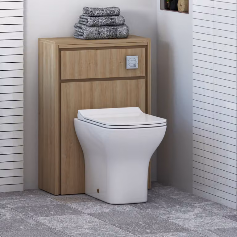 Livora Natural Oak BTW WC Unit with Qubix Rimless Ceramic Toilet Pan, Slim Soft Close Seat and Cistern, Width: 55.5 cm