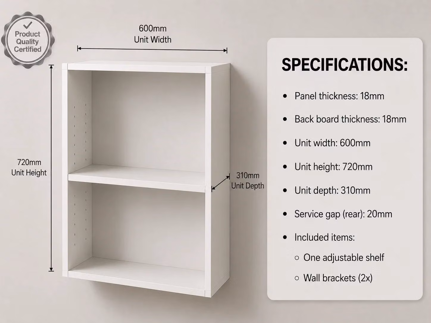 Cheap Furniture Warehouse White Matt Kitchen Wall Unit with Internal Shelves and Open Shelf Doors, W/D/H: 60.0 x 31.8 x 72.0 cm