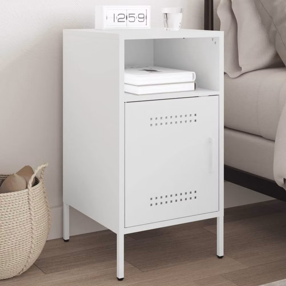Berkfield Home White Metal Bedside Cabinet with Doors and Open Shelf, W/D/H: 36 x 39 x 68 cm – 2