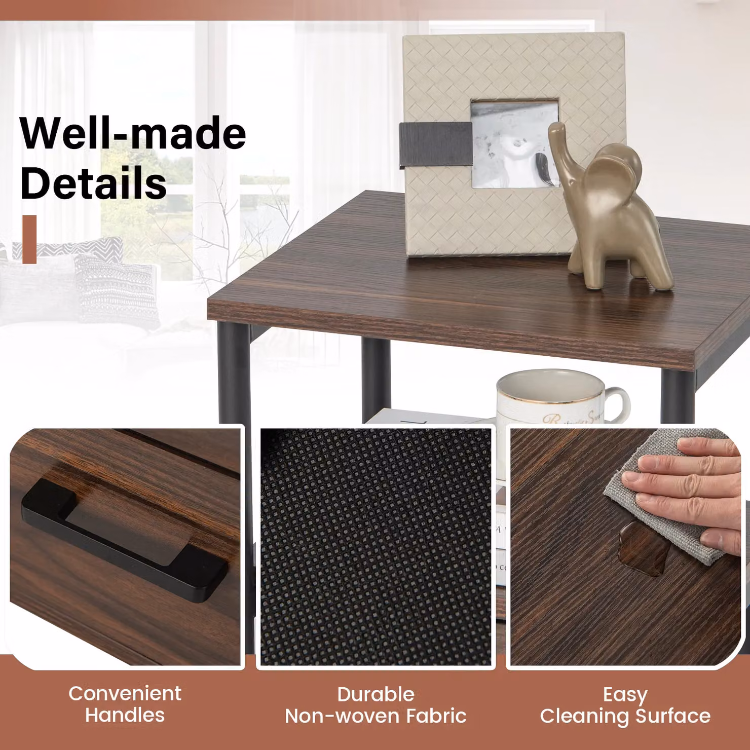 Costway Industrial Nightstand Bedside End Table with 2 Fabric Drawers and Storage Shelf in Brown and Multicolour – 5