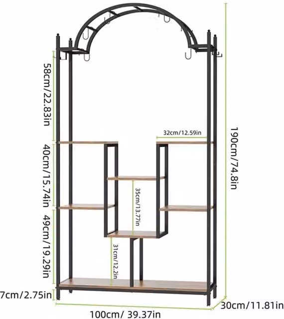 Nordara Arch Shape Tall XL Large Metal Vertical Plant Stand and Shelf in Black