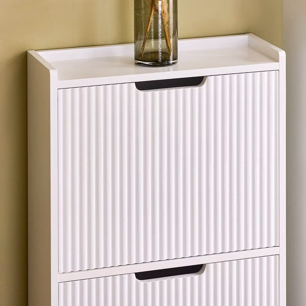 SoBuy Modern Slim White Matt Shoe Cabinet with Tilting Compartments and Internal Shelves – 2