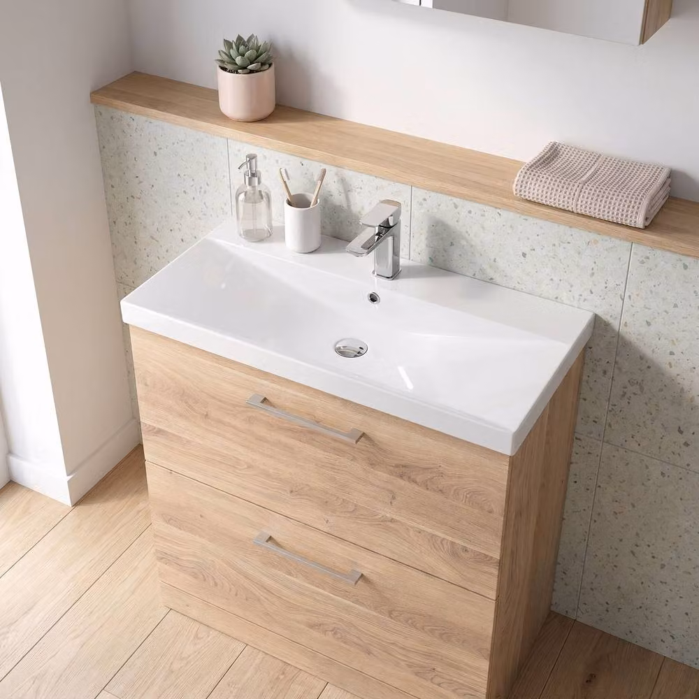 Balterley Bleached Oak 2-Drawer Bathroom Floor Standing Vanity and Basin, Brown, Width: 80 cm – 2