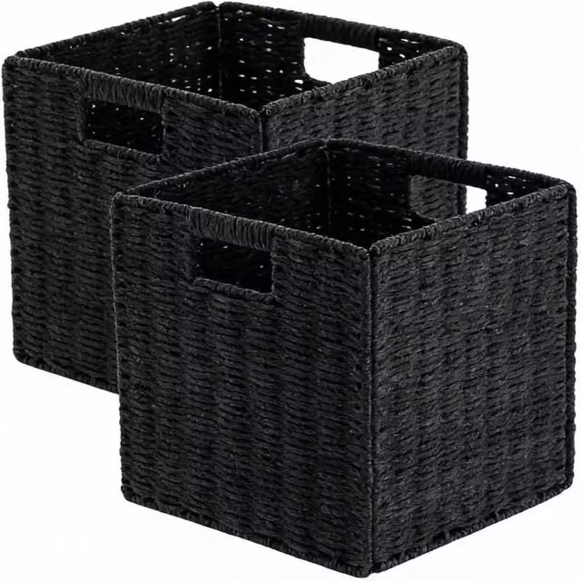Kelvenix Set of 2 Foldable Open Weave Storage Baskets with Handles in Black – 1