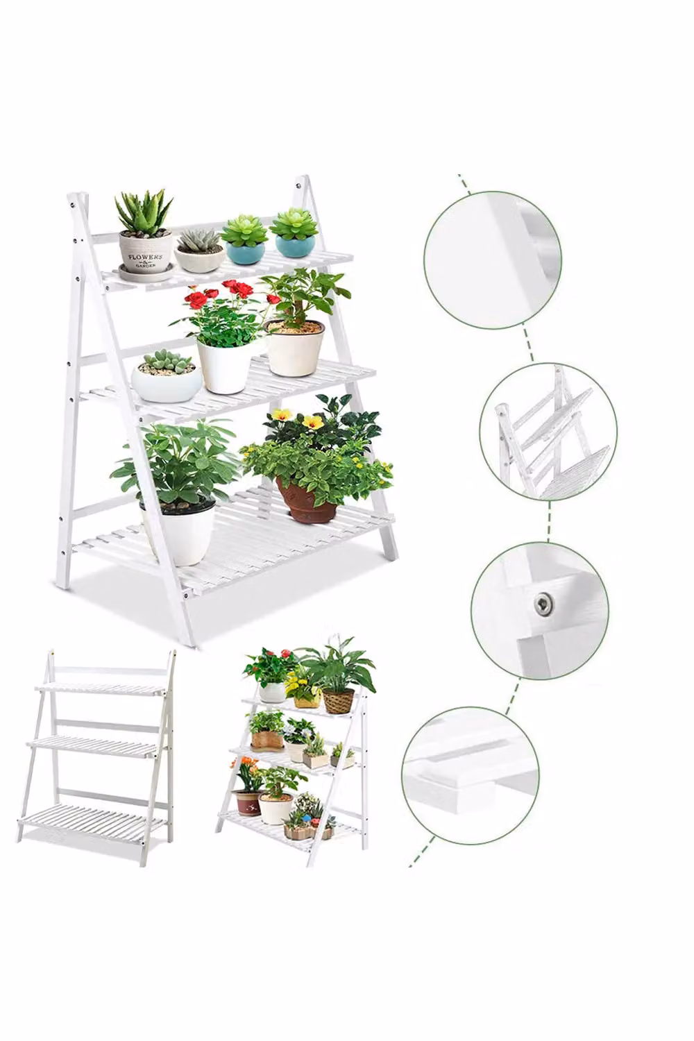Living and Home 3-Tier Foldable Wooden Ladder Plant Shelf in White – 2