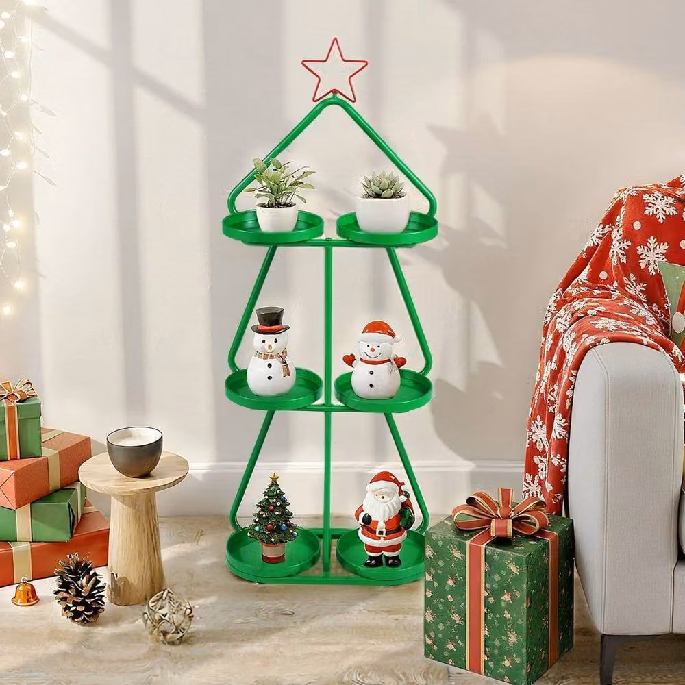 Kelvenix 3-Tier Tree-Shaped Metal Side Table in Green with Red Star Topper – 4