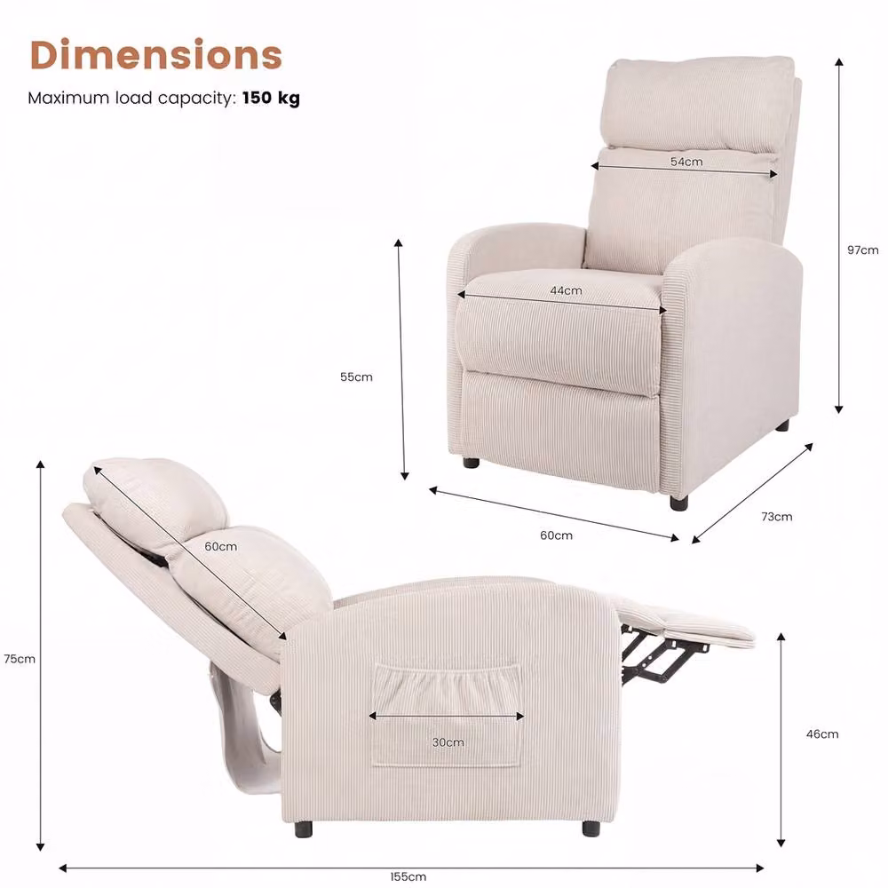 EONLION Beige Push Back Recliner Chair with Armrests and Lumbar Support, Width: 100 cm – 2