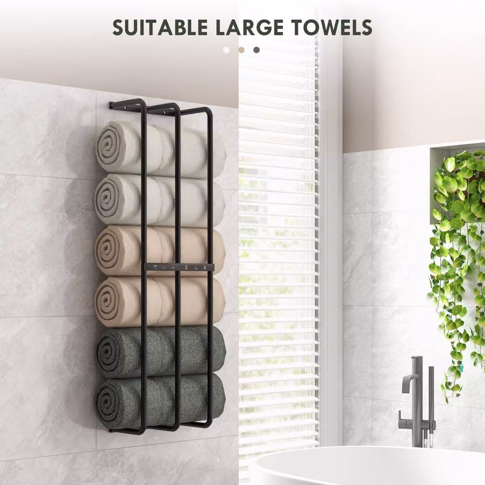 STILVORA Wall-Mounted Metal Towel Holder with 6-Towel Storage in Black – 3
