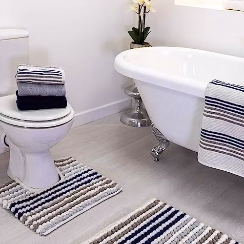 Allure Bath Fashions Striped Chunky Bobble Toilet Mat in Blue and Grey, W/D/H: 50 x 50 x 2 cm – 2