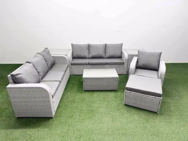 Fimous 8 Seater Poly Rattan Garden Furniture Set in Light Grey with 3 Seater Sofa, Reclining Chairs, Ottoman and Side Tables