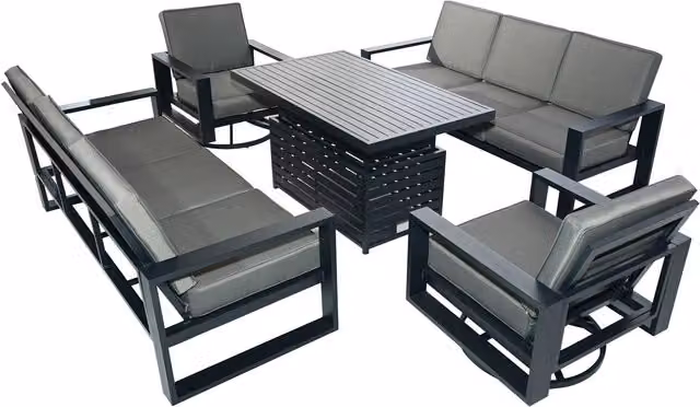 Furniture One Grey Aluminium Garden Sofa Set with Height-Adjustable Table, 2 Swivel Chairs and 2 3-Seat Sofas
