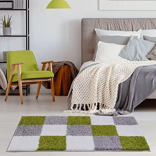 THE RUGS Modern Geometric Shaggy Area Rug in Green and Grey, W/D: 60 x 110 cm – 4