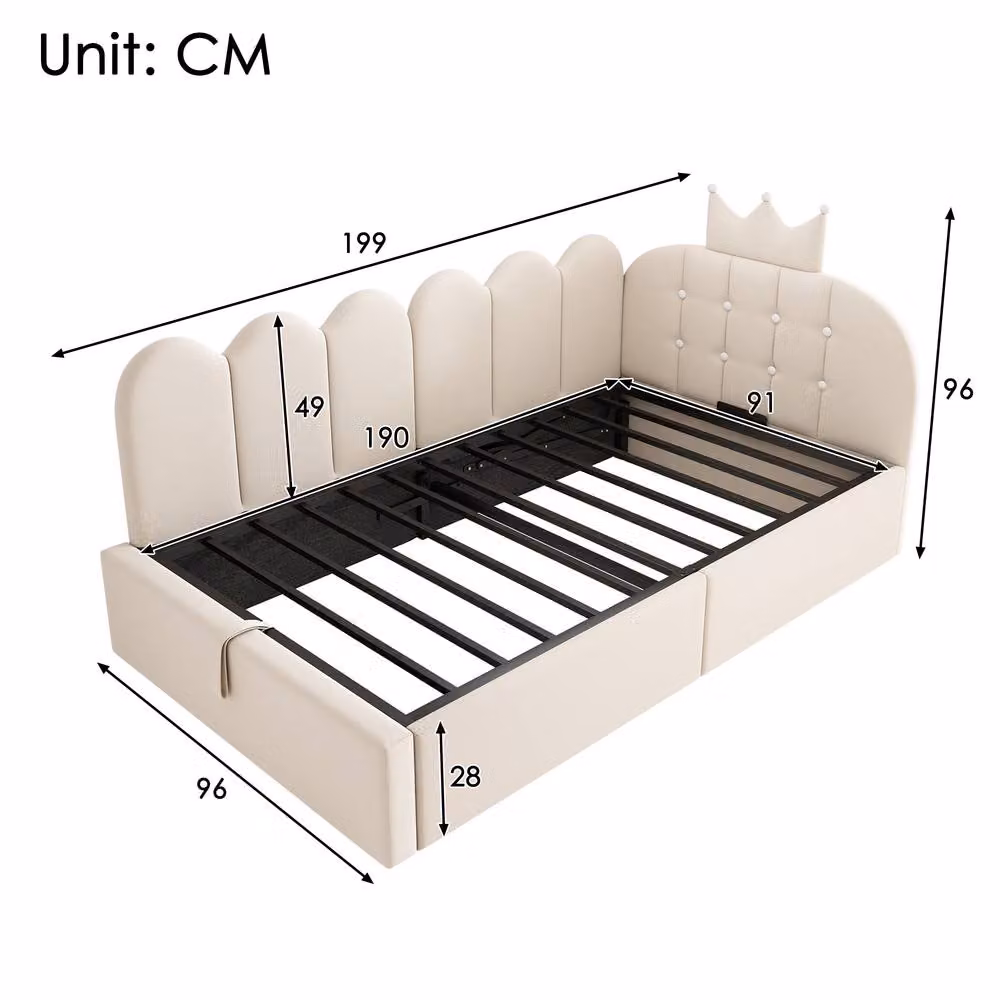 STILVORA Single Bed Frame with Lift Up Storage, Beige Velvet Upholstered, 90 x 190 cm – 2