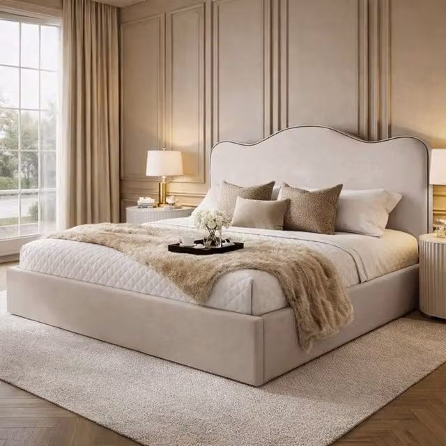 Desire Deco Angelito Upholstered Plush Velvet Bed Frame in Light Beige, Size: Double (140 x 200 cm) – 1