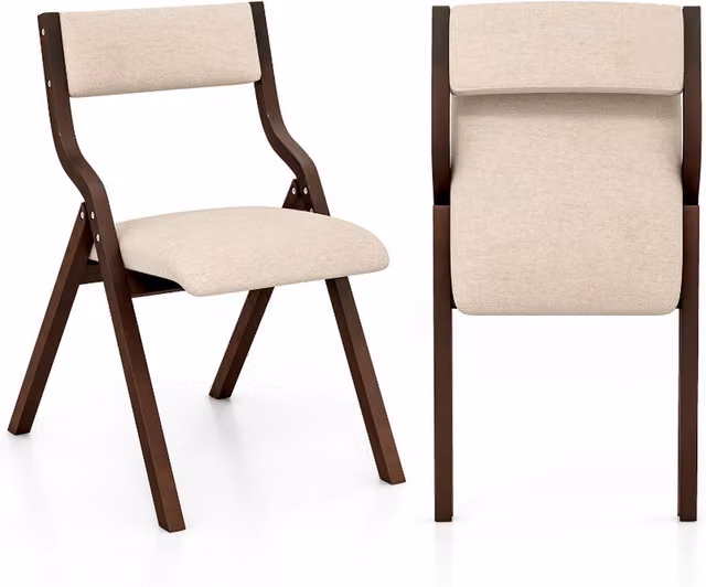 Costway Set of 2 Brown and Beige Fabric Upholstered Folding Dining Chairs with Wood Frame