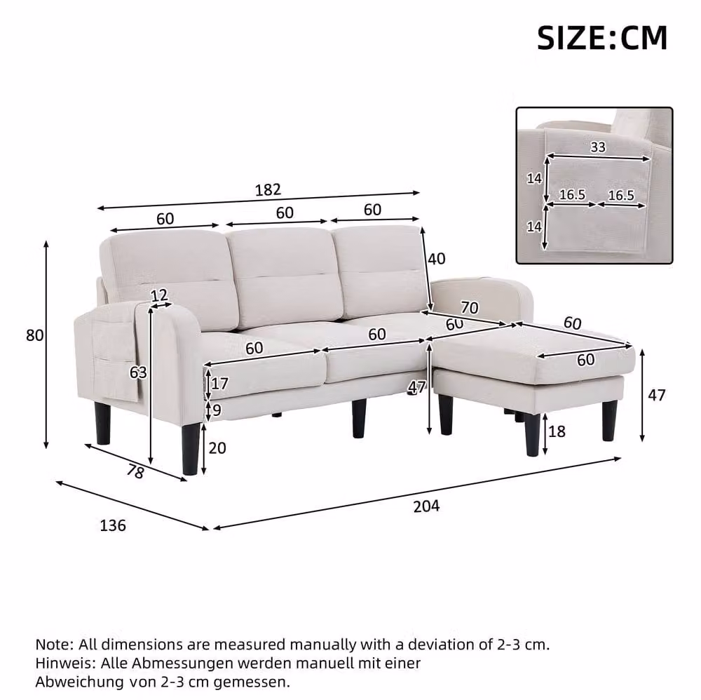 STILVORA 3 Seater L Shaped Reversible Sofa with Chaise Lounge in Beige Fabric – 2