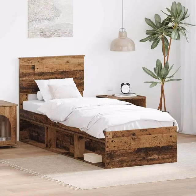 Berkfield Home Bed Frame with Headboard in Old Wood Brown, Solid Pine Wood, W/D/H: 75 x 190 cm